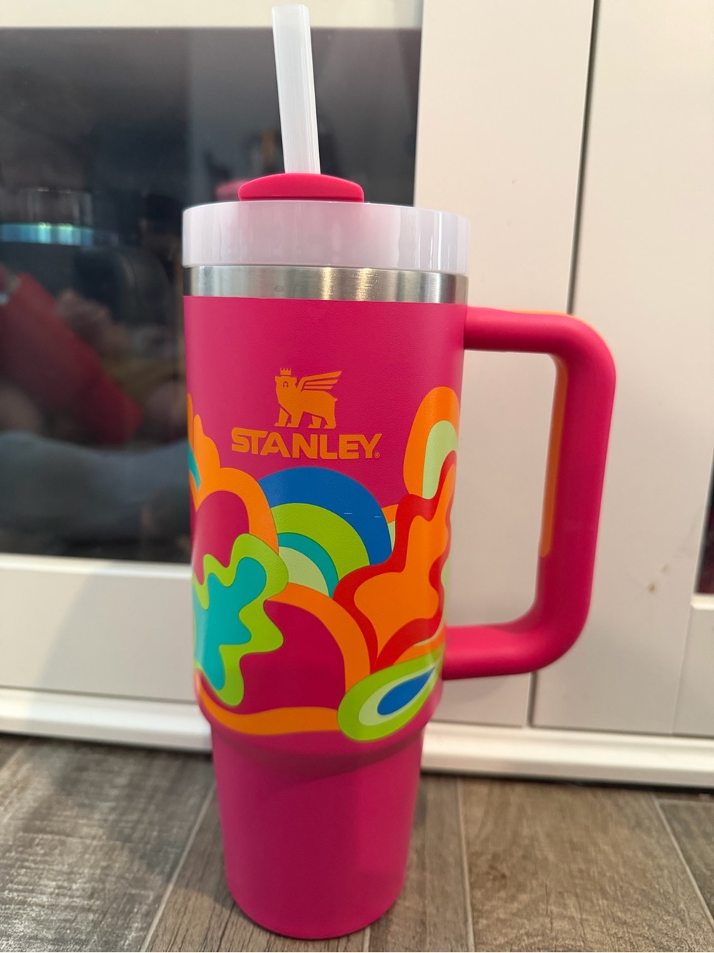 Stanley Pink Tumbler with Multicolor Floral Graphics, Handle & Straw